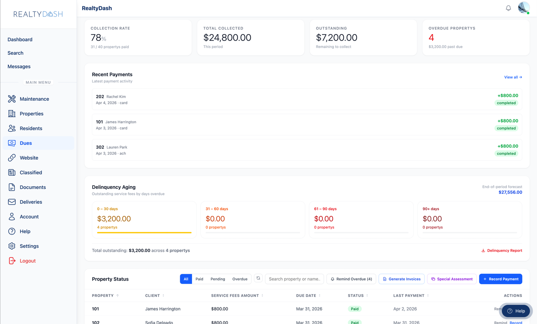 RealtyDash Dues Collection